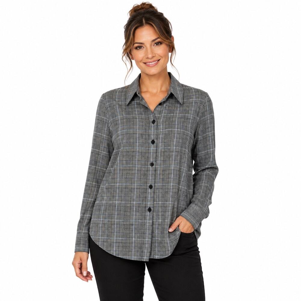August Silk Women's Black Gray Plaid Button Front Blouse Size 20W
